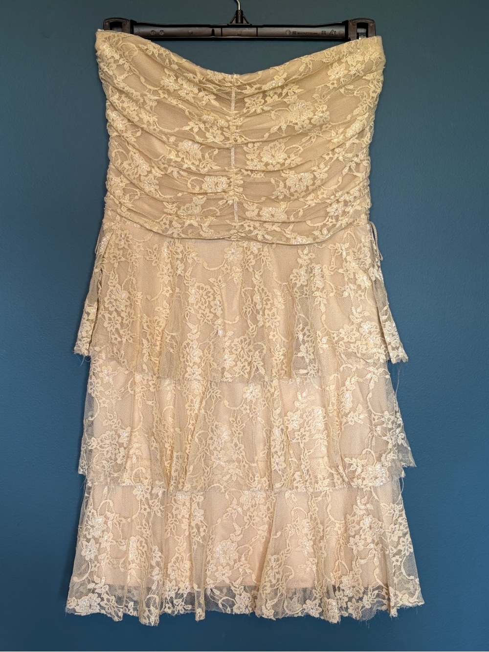 Vintage Yippee Apparel Strapless Lace Tiered Dress in Champaign/Ivory
